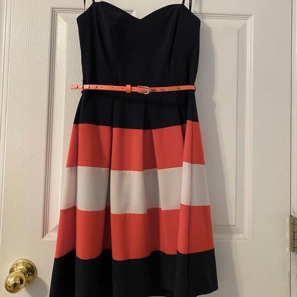 Navy Strapless Dress with Coral and White Stripes